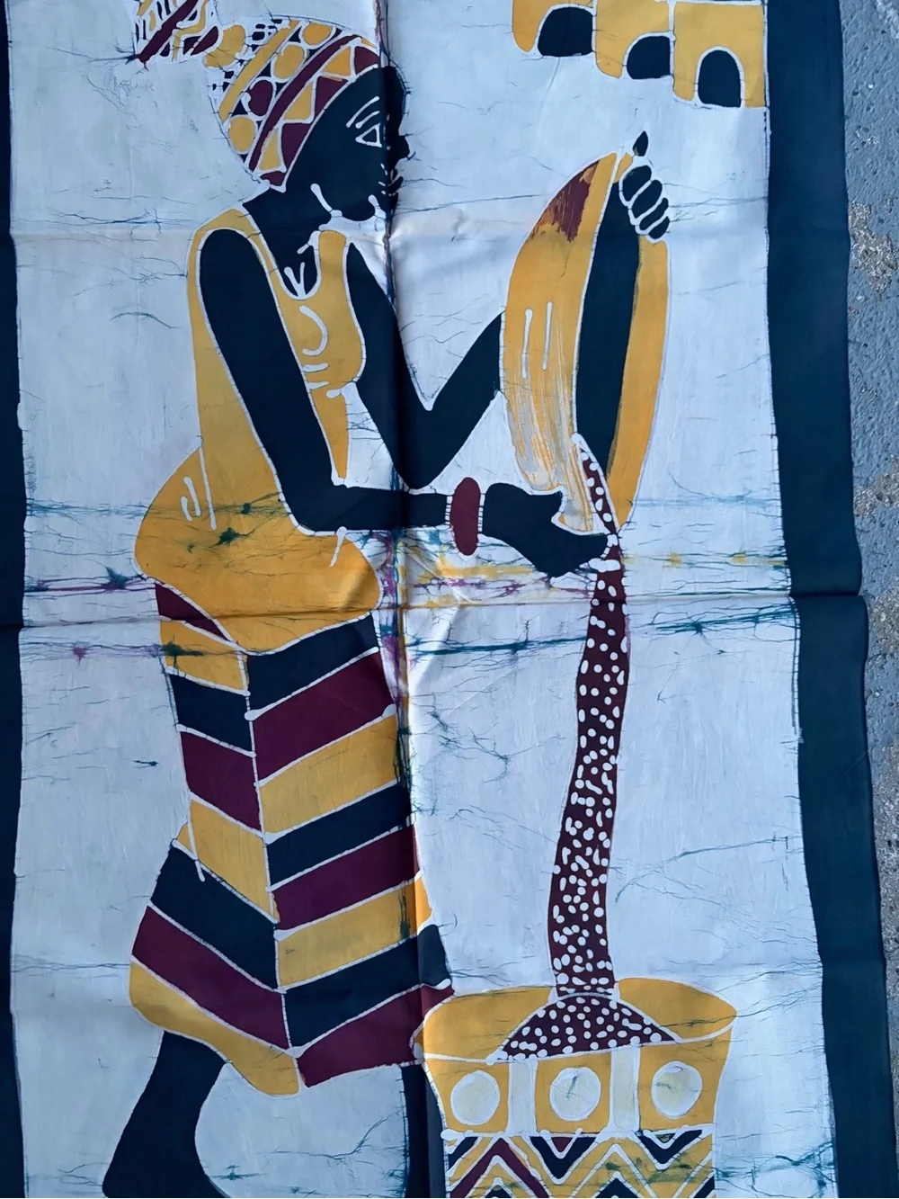 Hand-Crafted African Woman Tapestry in Mustard, Black & Burgundy